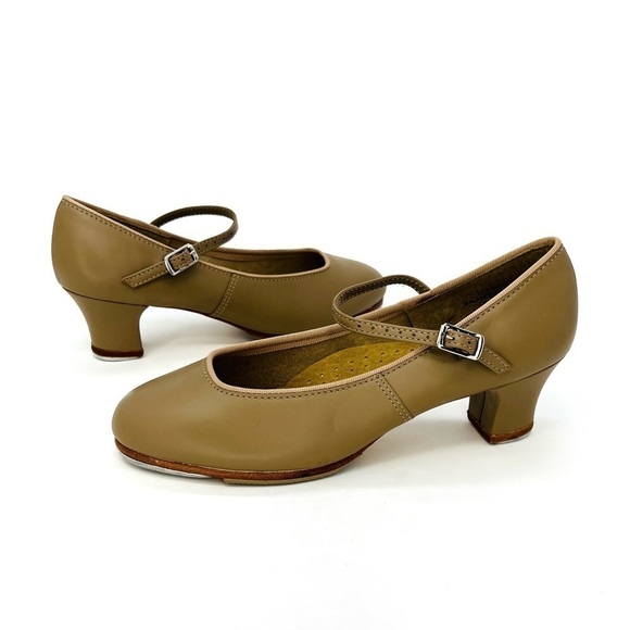 Capezio Heeled Tap Shoes Tap Jr. Footlight Caramel Tan Leather Size 5.5 New - Picture 2 of 12